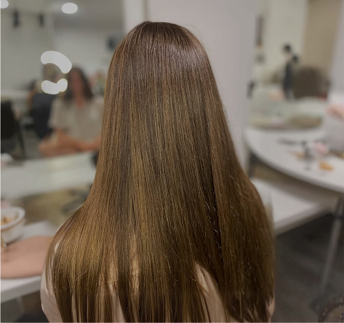 Long glossy brown hair with subtle highlights, styled straight — Salon Deelegance